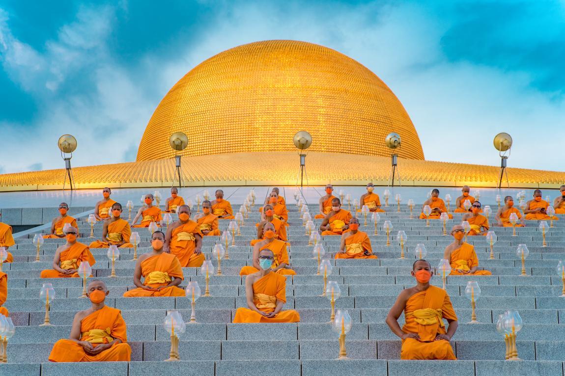 Urban Photo Awards. Finalist, Spaces. "Waiting for the UFOs". Buddhist monks preparing for Earth Day celebrations at Wat Dhammakaya temple in Bangkok, Thailand