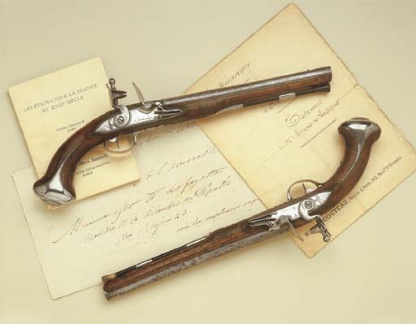 Presented by the Marquis de Lafayette to George Washington during the American Revolution, these pistols fetched US$1,986,000 at a Christie's auction