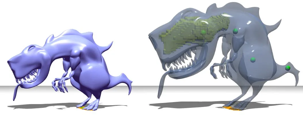 In this example, the original model (left) was modified to have a larger head and body with an internal void (right)
