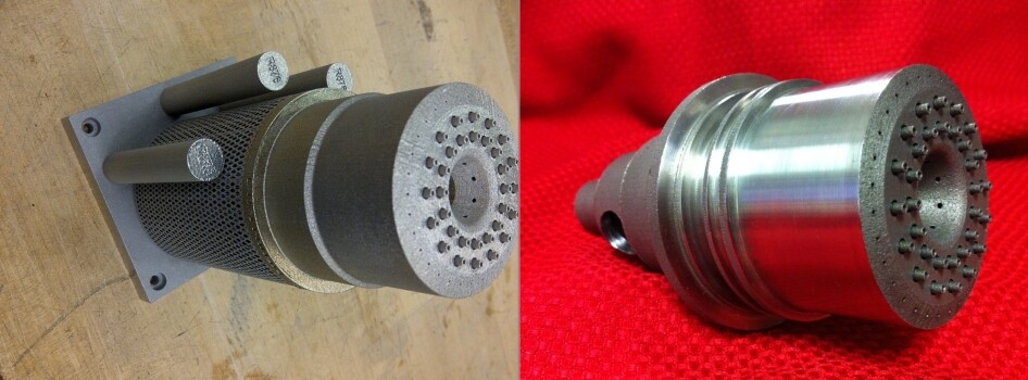 The left shows a 3D-printed rocket injector as it looked immediately after it was removed from the selected laser melting printer, and the right shows an injector after inspection and polishing (Image: NASA/MSFC)