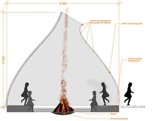 The structure is made of 80 layered circles and features an internal seating area where friends can gather around the fire and share stories