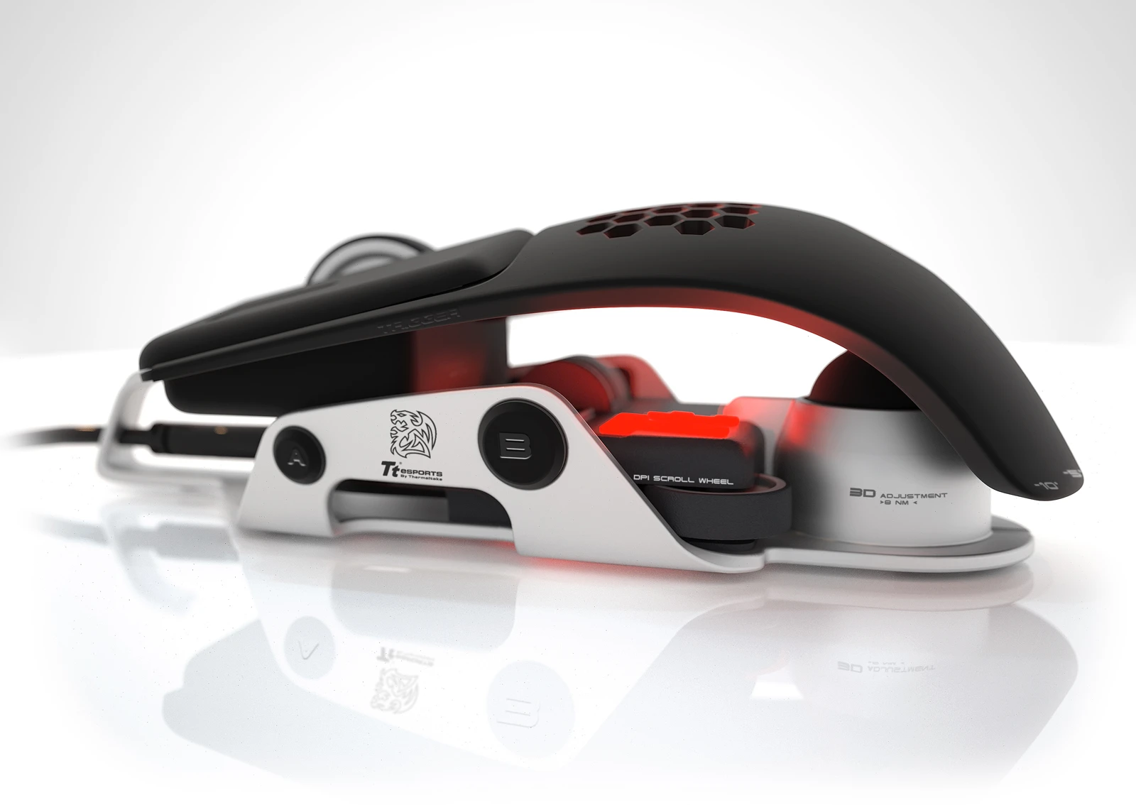 Side view of the Level 10 M Mouse showing the height- and angle-adjustable upper segment and solid aluminum base