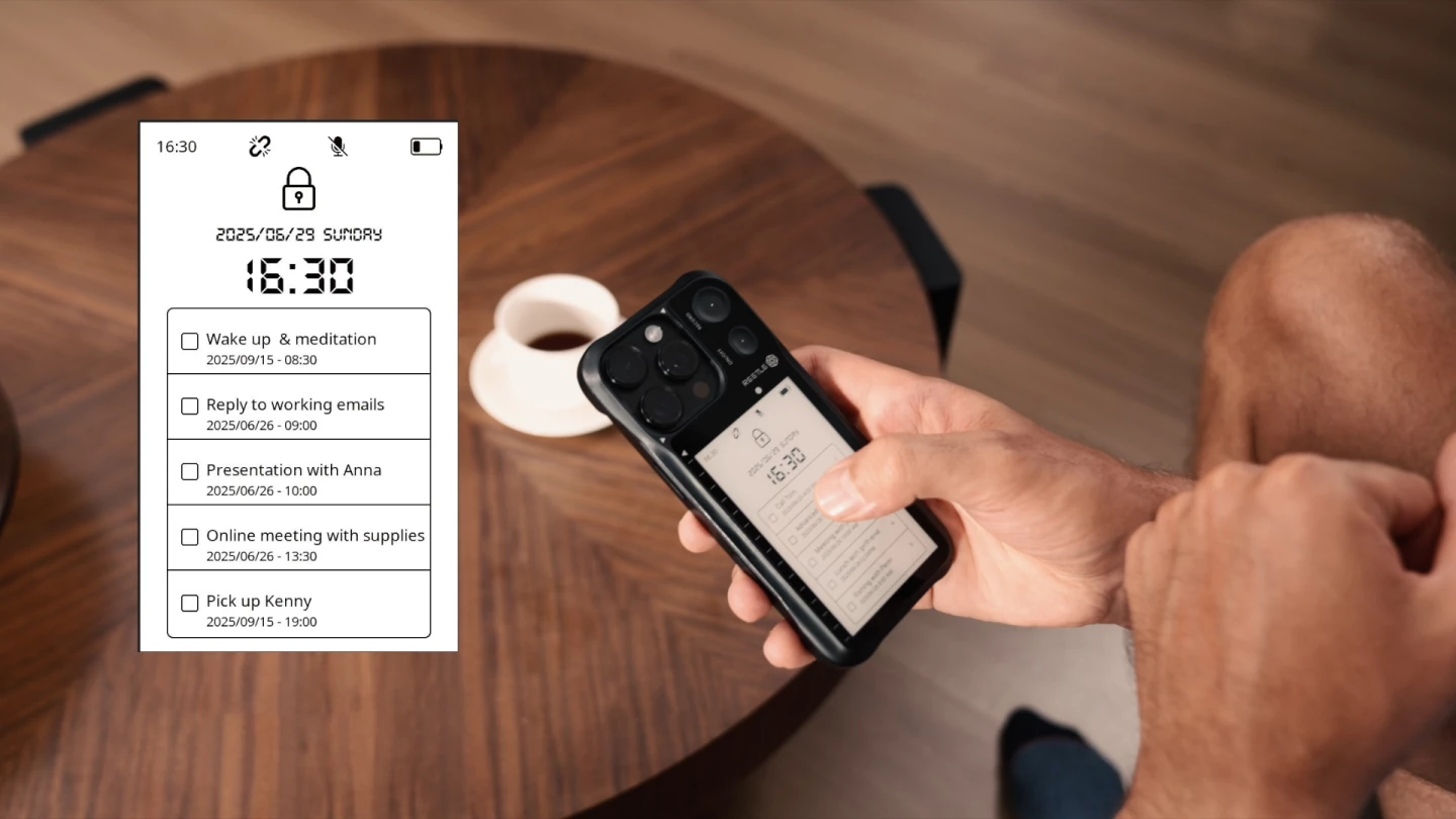 Eye-friendly reading plus productivity apps on the back of an iPhone