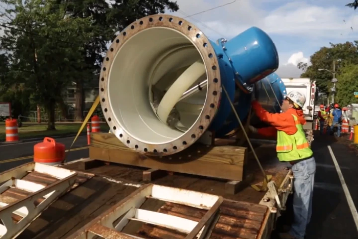 A previous LucidPipe installation, with one of the turbines visible inside the pipe (Photo: Lucid Energy)