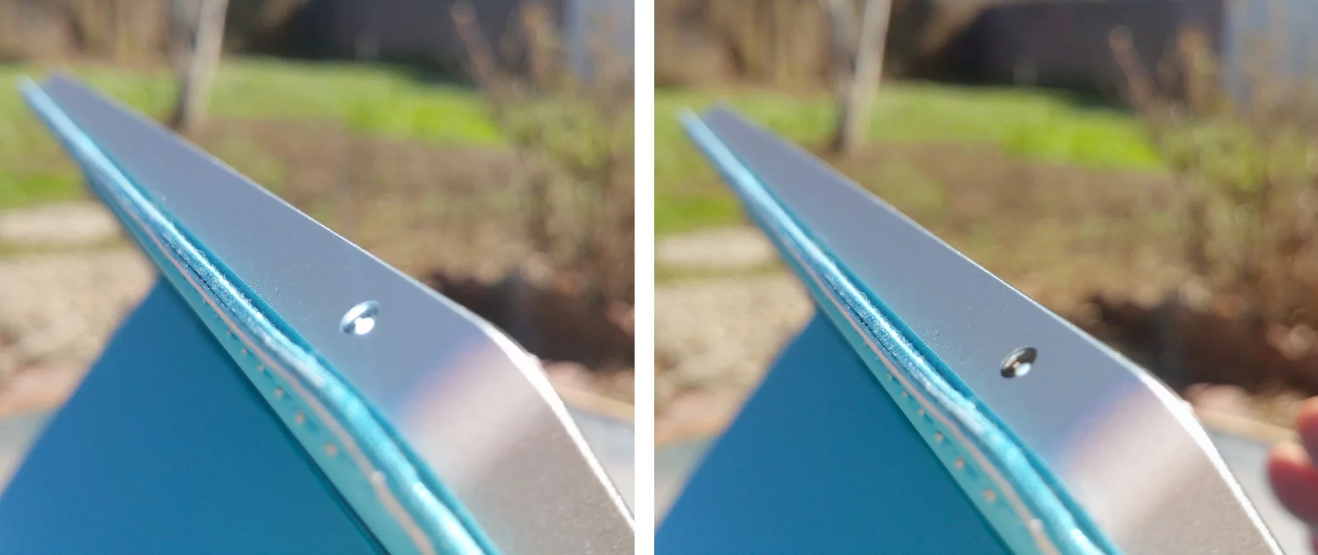 The Solartab's charging indicator LED is visible in broad daylight (maximum on the left, dimmed on the right)