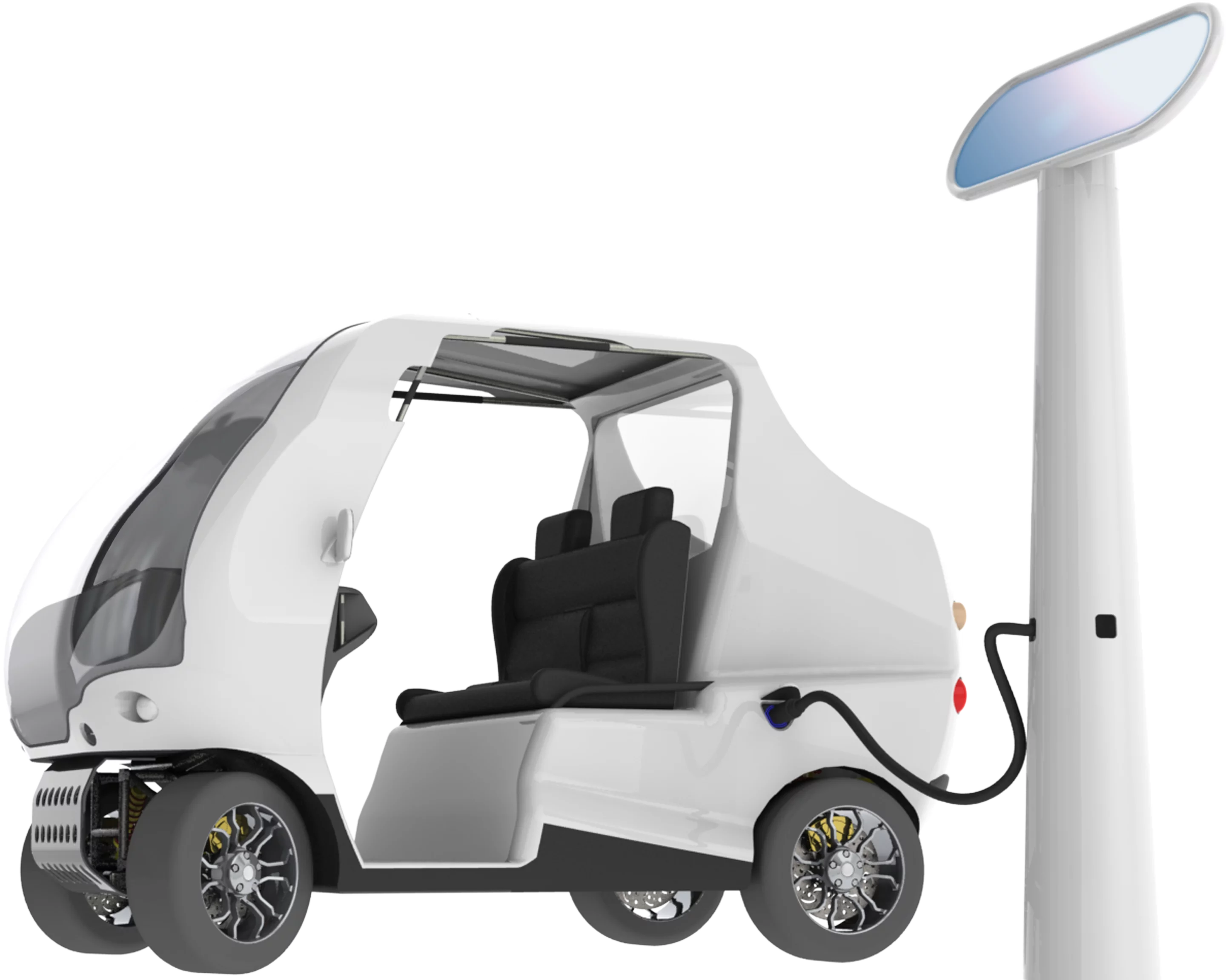 The designer proposes that vehicle's batteries get a quick top up from a solar charging station and get their main (probably overnight) charge from a 48V DC battery charger