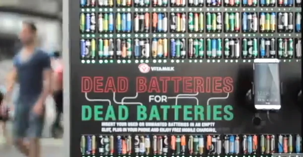 Vitamilk's "Dead batteries for Dead Batteries" charging wall