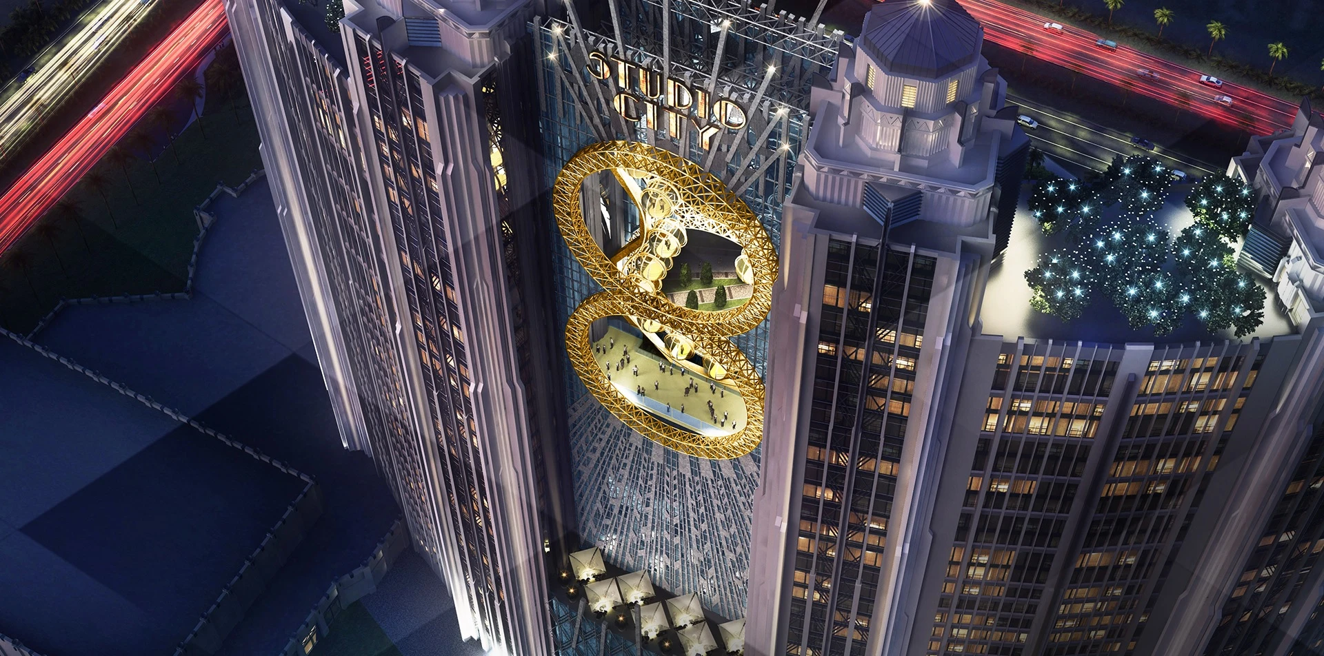 The Golden Reel figure-eight Ferris wheel will be located between the two central towers of the resort hotel