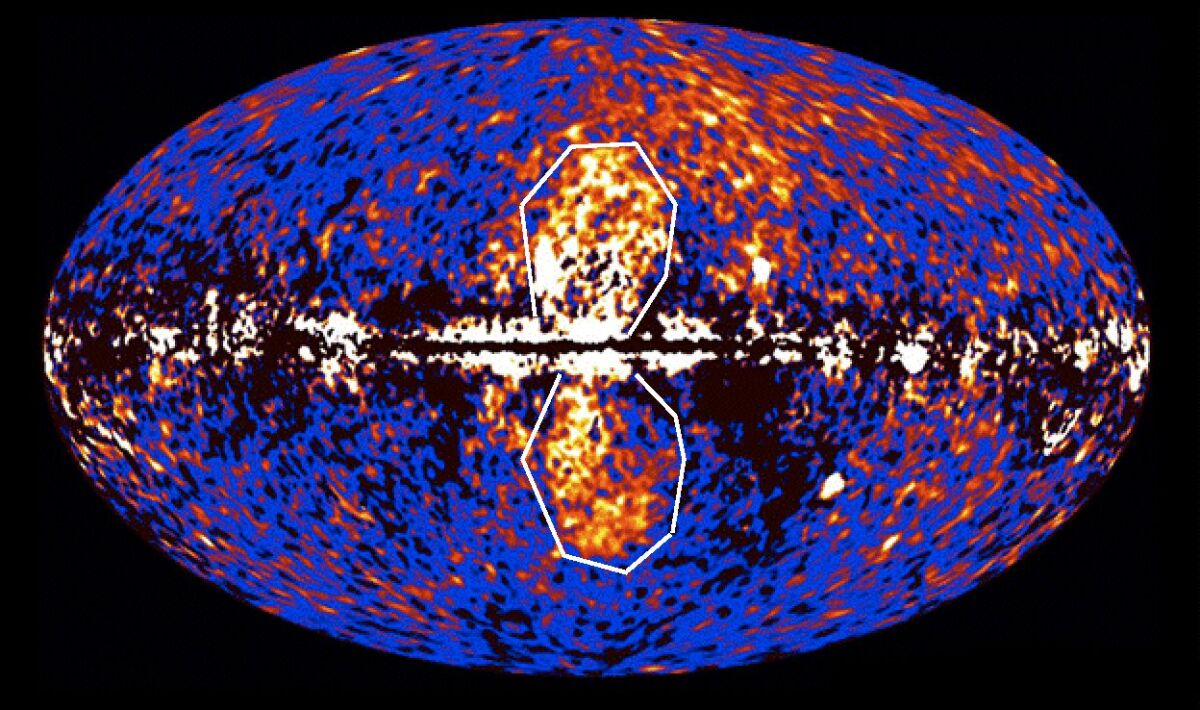 Gamma-ray emissions from the Milky Way galaxy showing the Fermi Bubbles above and below the galactic center (Photo: NASA)