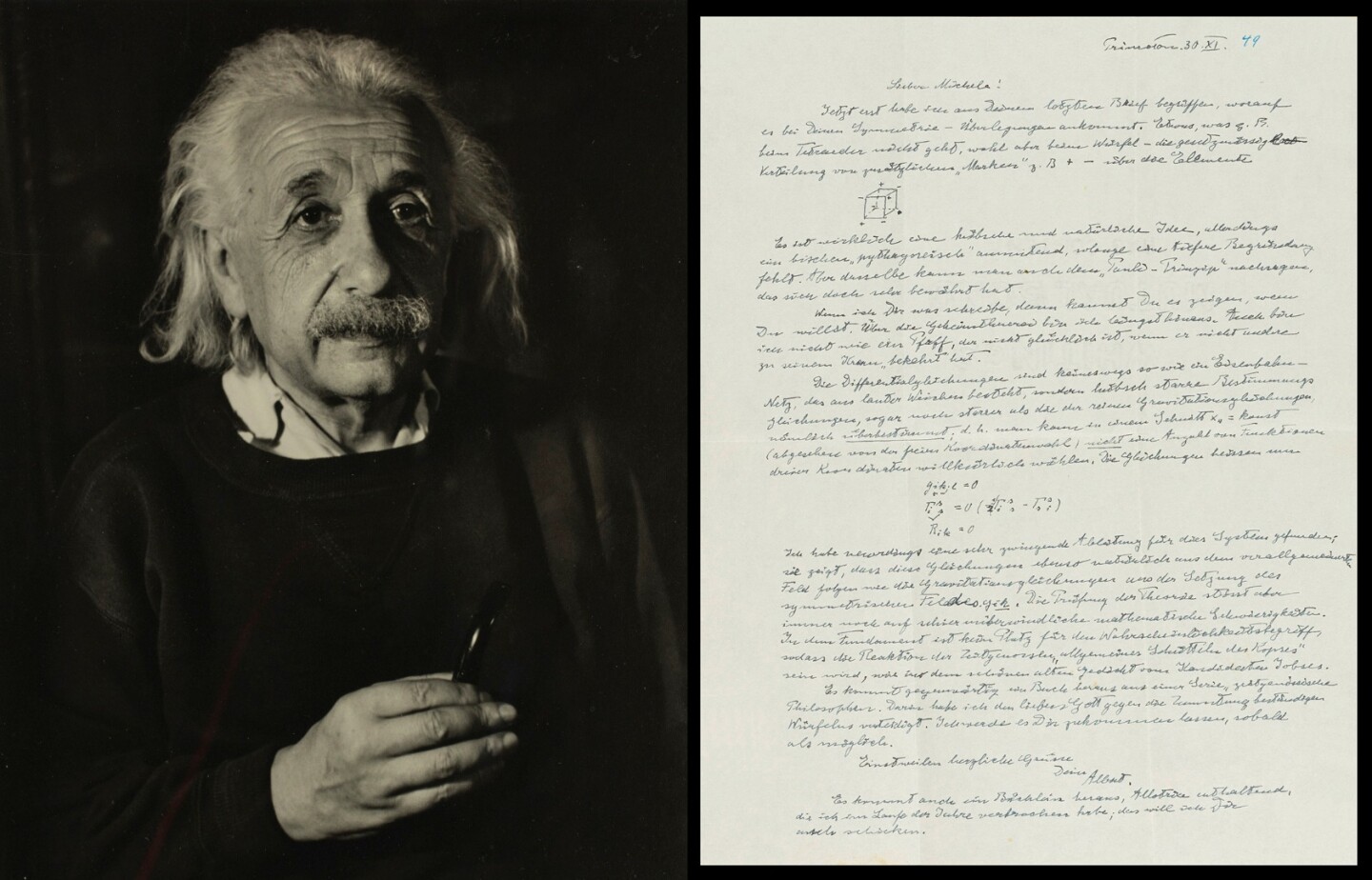 Dated October 30, 1949, this letter contains reference to one of Einstein's most famous quotations. He writes of a recently published book about him (Albert Einstein: Philosopher-Scientist, ed. P.A. Schilpp, 1949) and reflects, "Darin habe ich den lieben Gott gegen die Zumutung beständigen Würfelns verteidigt" (In it I have defended the good Lord against the insinuation that he plays a continual game of dice). Einstein's dice quote has been one of continual fascination to scientists ever since, with some of mankind's finest, such as Stephen Hawking, weighing in on the topic. The letter sold for $137,500 at Christies on July 13, 2017