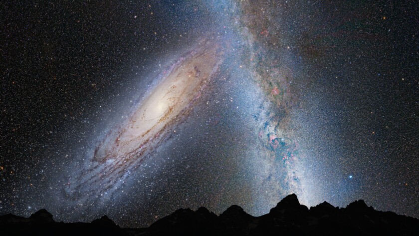 NASA graphic showing Andromeda featuring prominently in the night sky, as it will in 3.75 billion years (Image: NASA; ESA; Z. Levay and R. van der Marel, STScI; T. Hallas; and A. Mellinger)