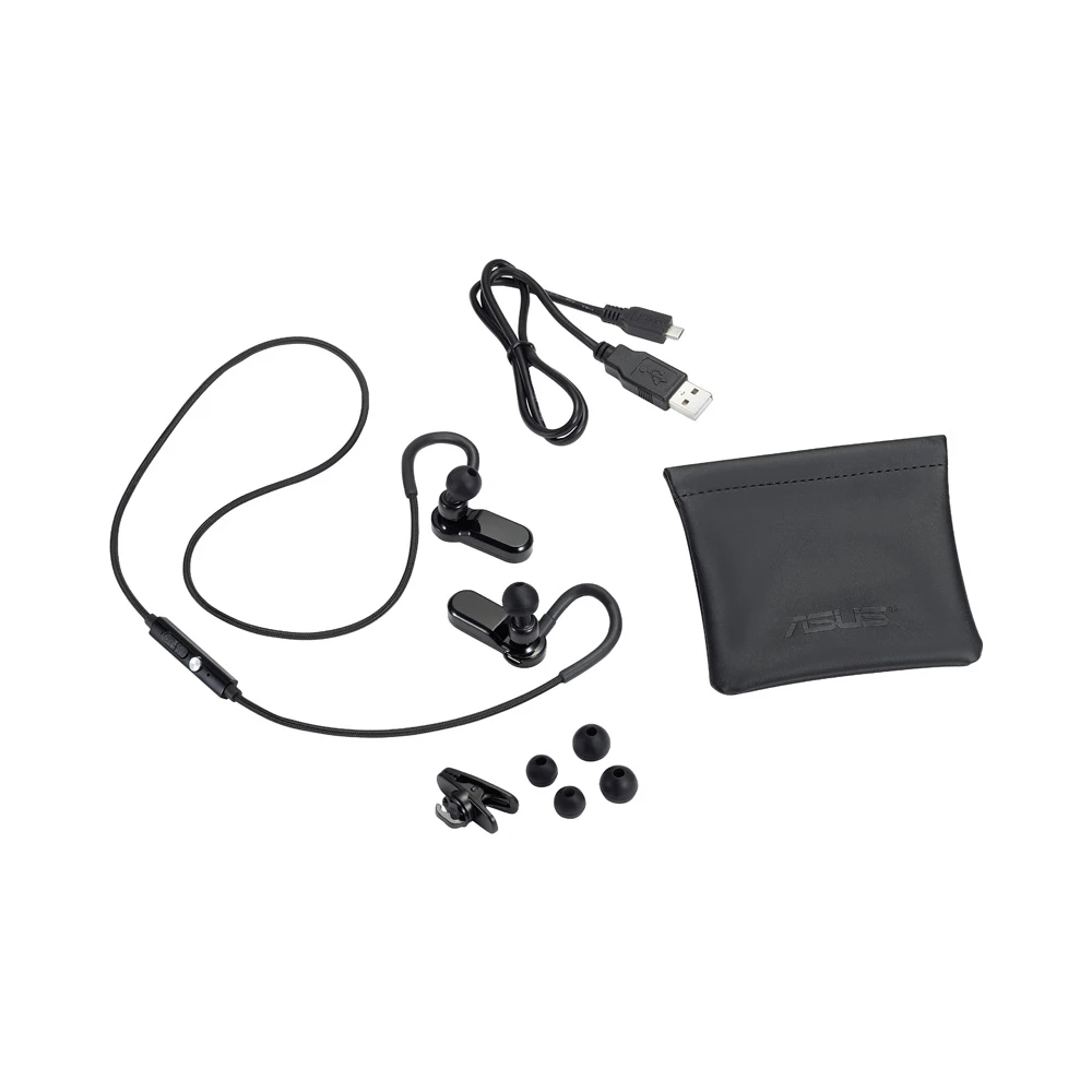 The Asus EB50N NFC-enabled BT 4.0 earphones come supplied with a carry pouch, a USB charging cable and three different sized buds