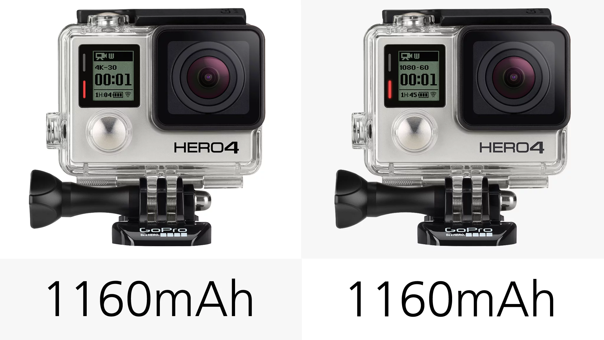 If you're shooting 4K 30fps video on the Hero4 Black, you'll only get 1hr 5m of shooting before you need to change batteries