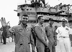 The crew of Apollo 13 onboard the USS Iwo Jima following splashdown