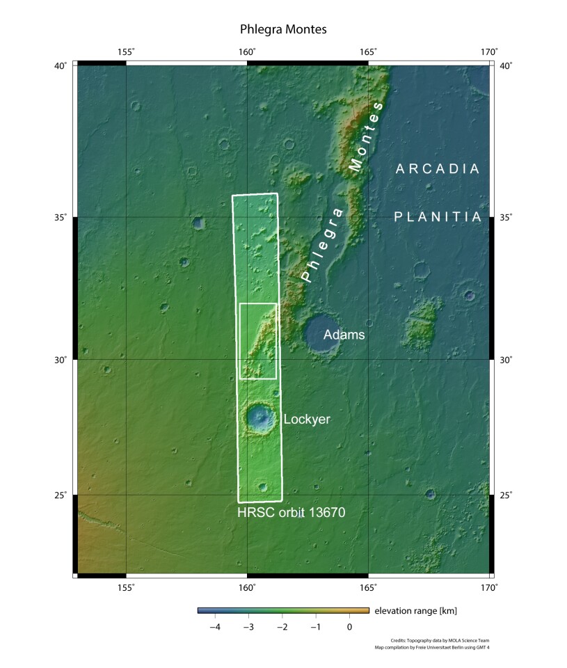 The new Mars Express orbiter images we taken on October 8 2014, focusing on the southern tip of the range (Image: NASA MGS MOLA Science Team)
