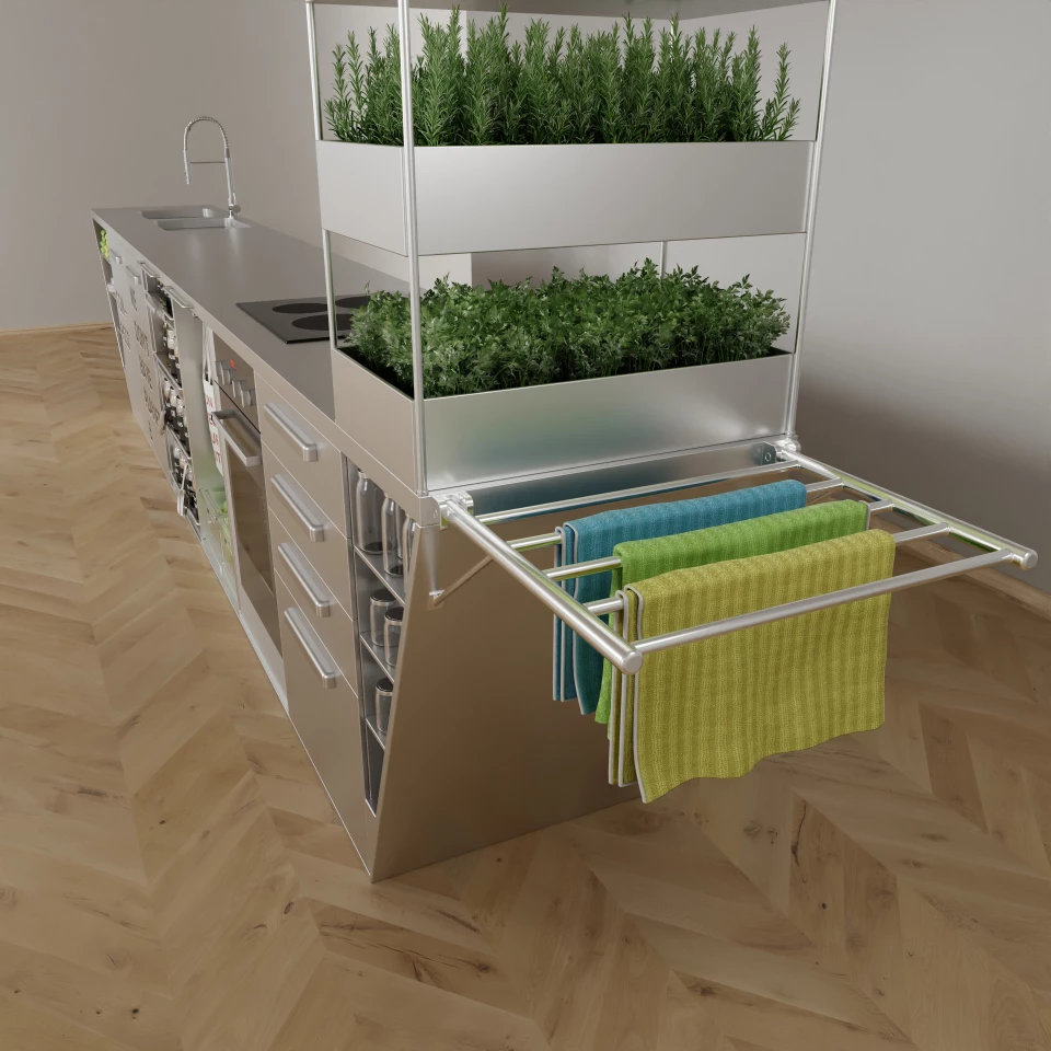 The Zero Waste Kitchen features a fold-out clothes horse for drying textile wipes
