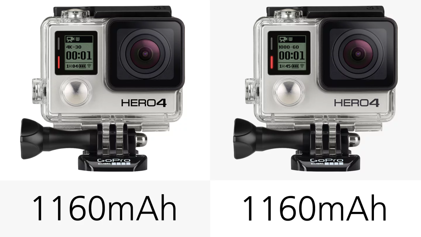 If you're shooting 4K 30fps video on the Hero4 Black, you'll only get 1hr 5m of shooting before you need to change batteries