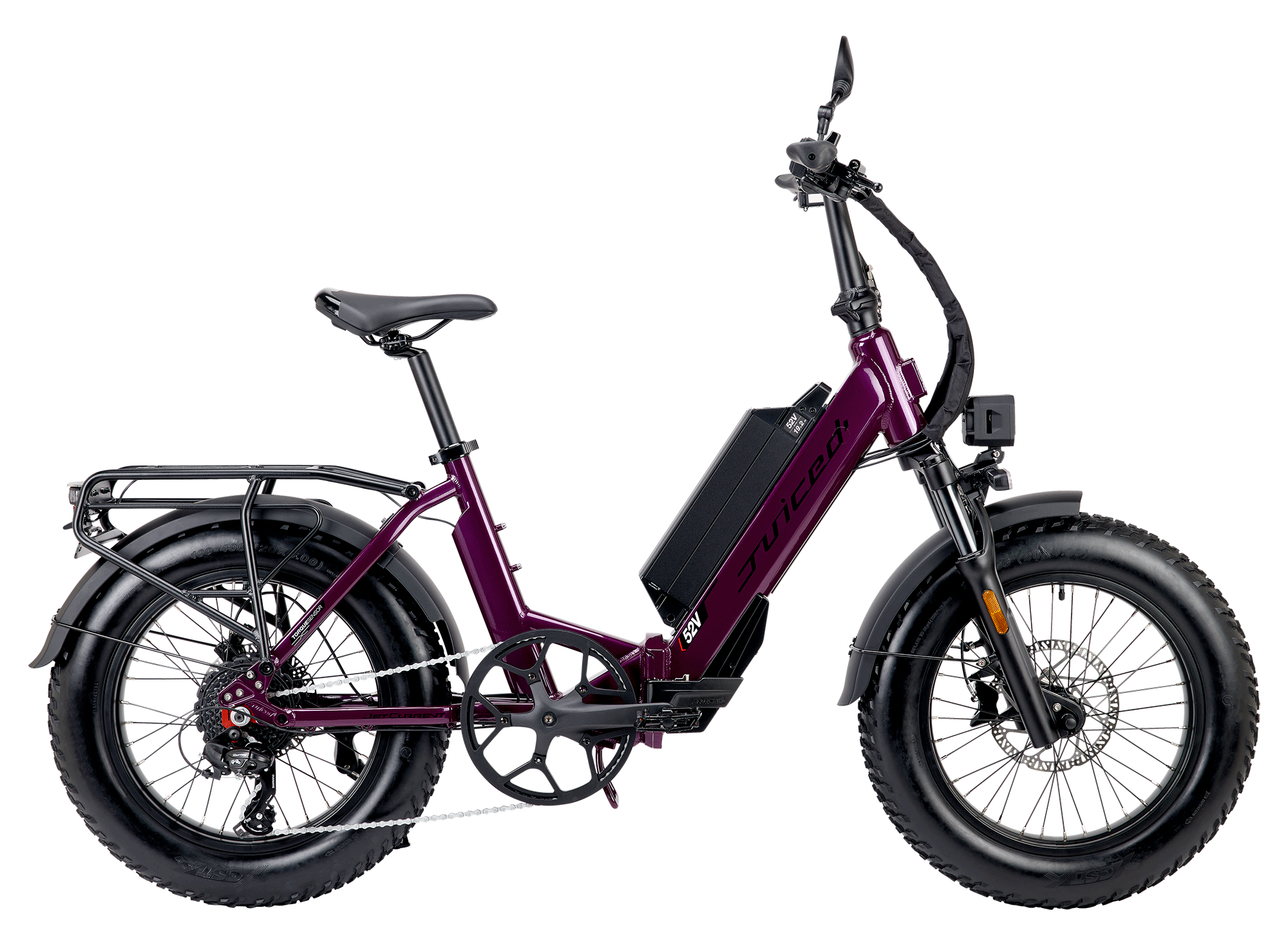The JetCurrent Pro ebike folds down for between-ride transport or storage
