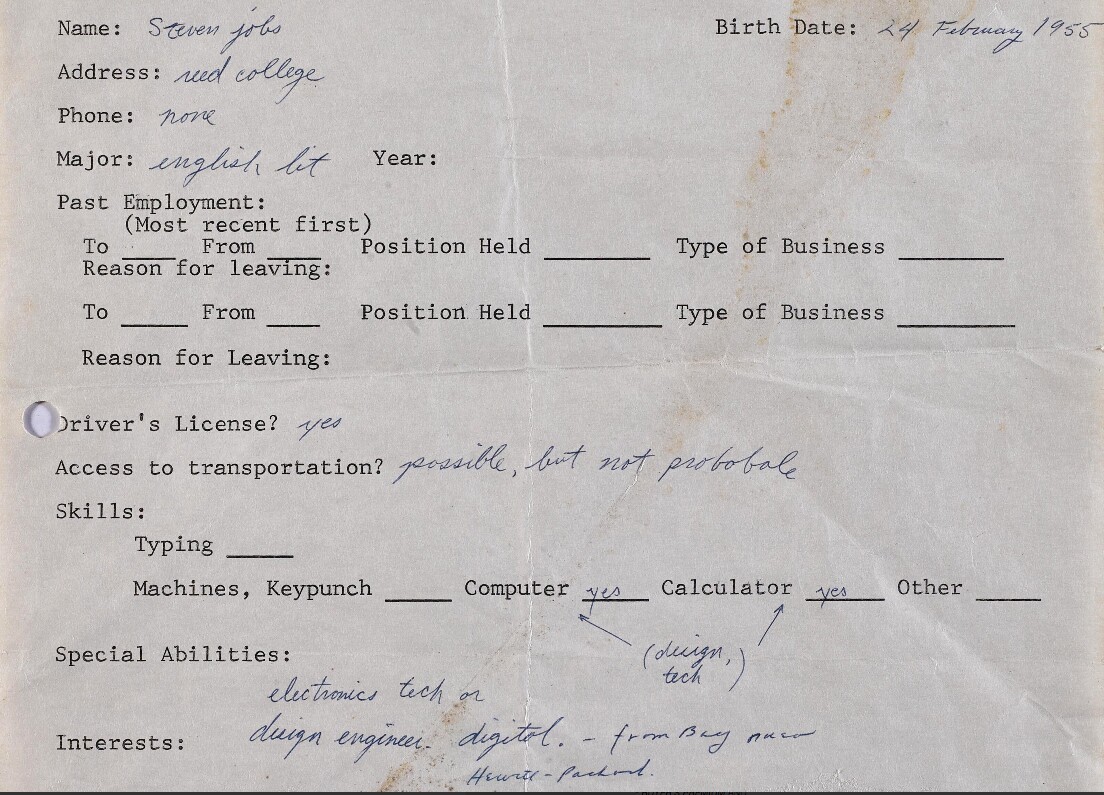 This partially-completed job application from a young Steven Jobs during his time at Reed College in 1972 or 1973, was one of the more expensive lots at the Bonhams History of Science & Technology sale. A fascinating insight into the humble beginnings of one of the most important people in history.
