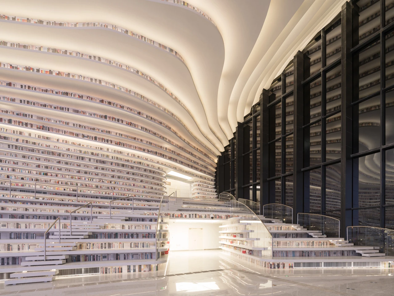 The upper shelves were originally intended to be accessible from rooms behind
