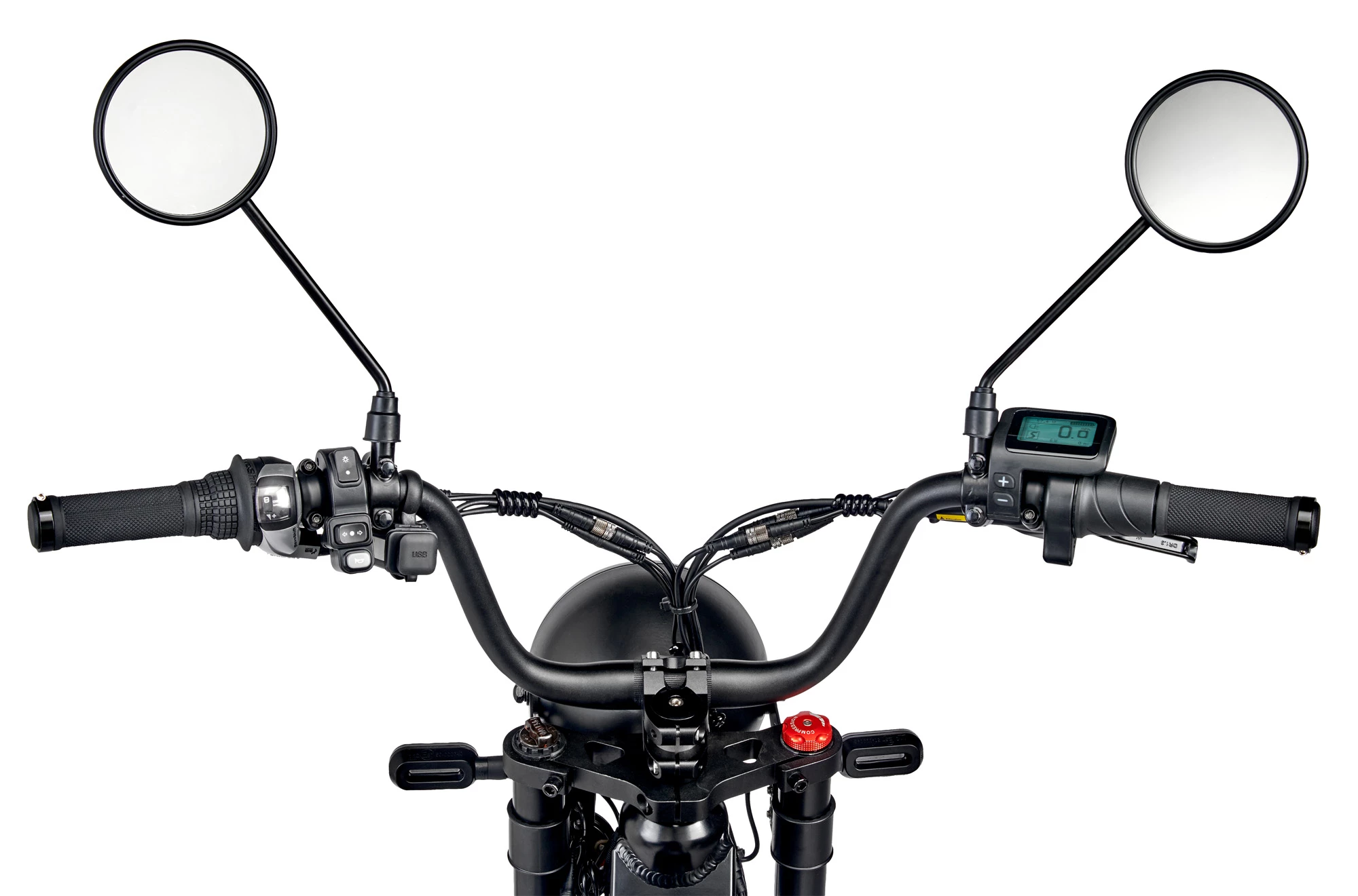 Motorcycle style handlebars with mirrors and a small dash
