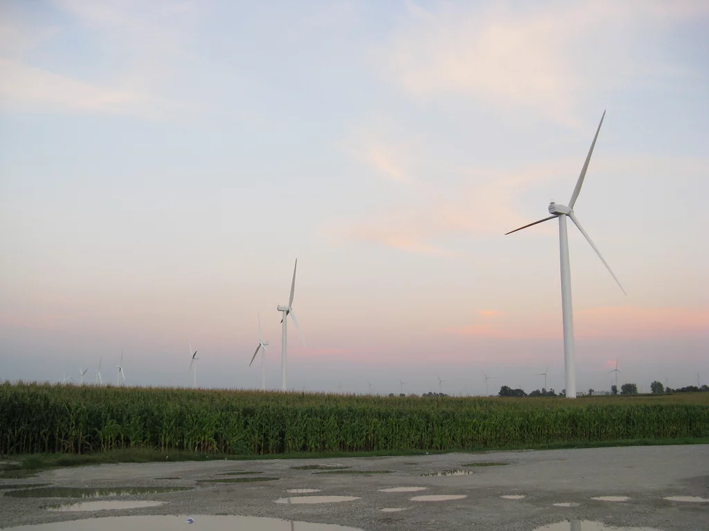 This is a more typical energy density picture for wind farms with other forms of agriculture, in this case corn, and land use intermingled with wind turbines (Photo: Zepfanman