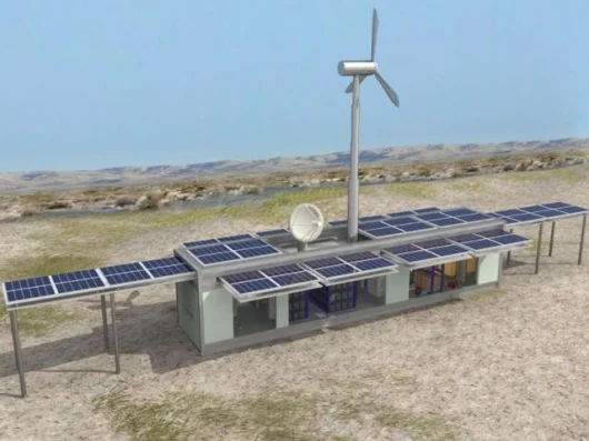 Ecosphere Technolgies' Ecos LifeLink system, with fully deployed solar panels and wind turbine attached