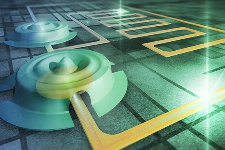An illustration of two drumheads, measuring 15 microns wide, which are now the largest objects to be quantum entangled