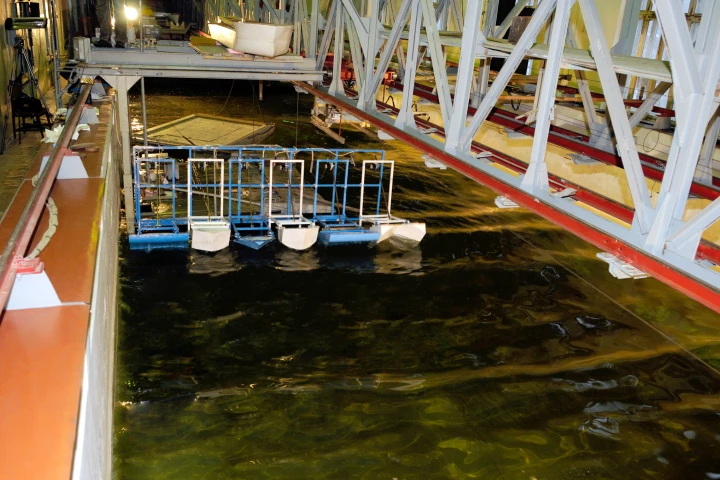 Six different float designs undergoing tests in the wave pool of the Institute for Hydromechanics in Kiev