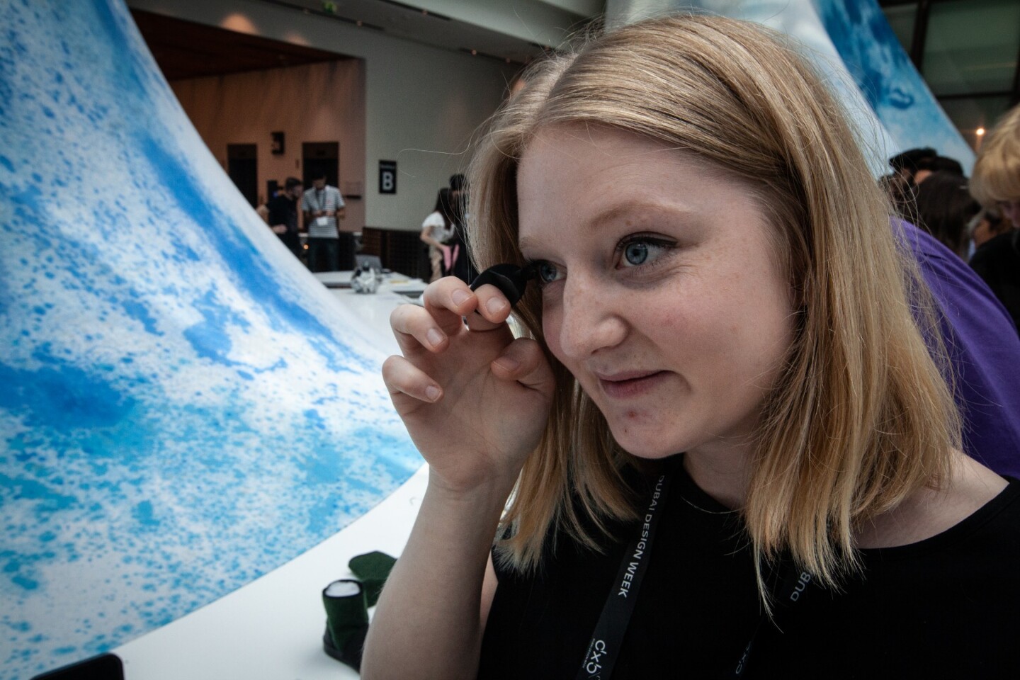 Pippa Bridges from England’s Loughborough University applies her Infinity Mascara, a reusable mascara system designed to tackle the waster generated by the cosmetics industry
