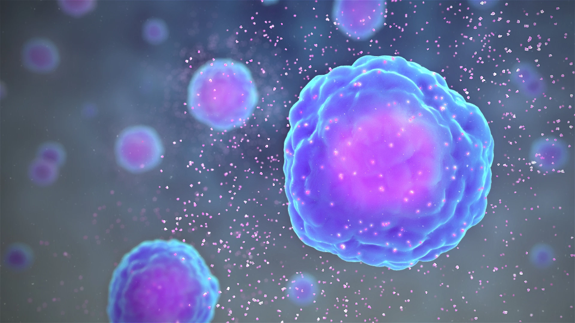 An illustrating of cells releasing cytokines (tiny pink dots), which are inflammatory immune cells that can