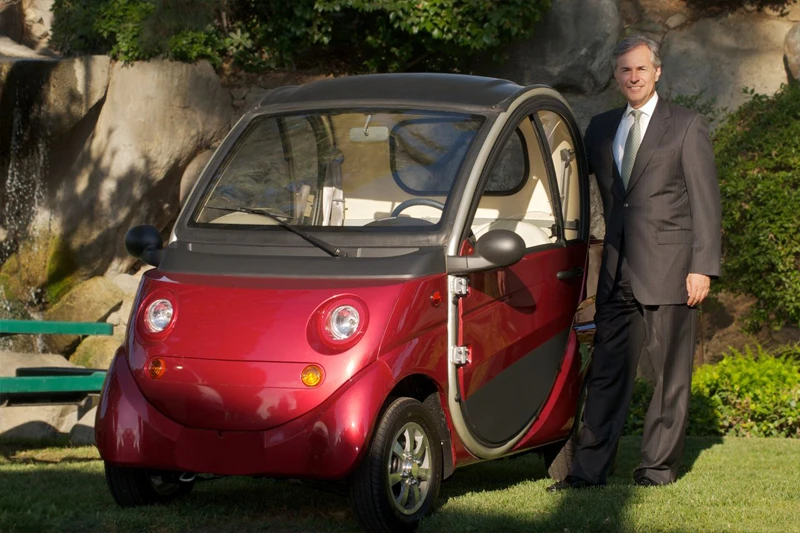 Ramon Alvarez, founder of the Alvarez Electric Motors Company, with the two-seater eco-E