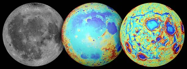 Earth's moon as observed in visible light (left), topography (center), and the GRAIL gravity gradients (right) (Image: NASA/GSFC/JPL/Colorado School of Mines/MIT