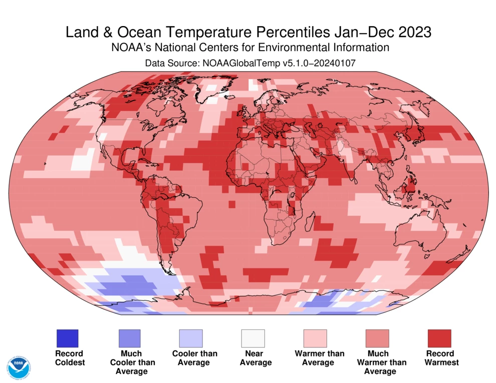 A global map of average sea and land surface temperatures in different regions for the year 2023, as compared to the average