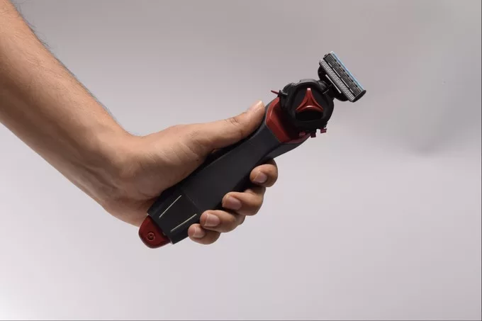 With Trazor, shaving gel and aftershave are IN the handle with a convenient pump system