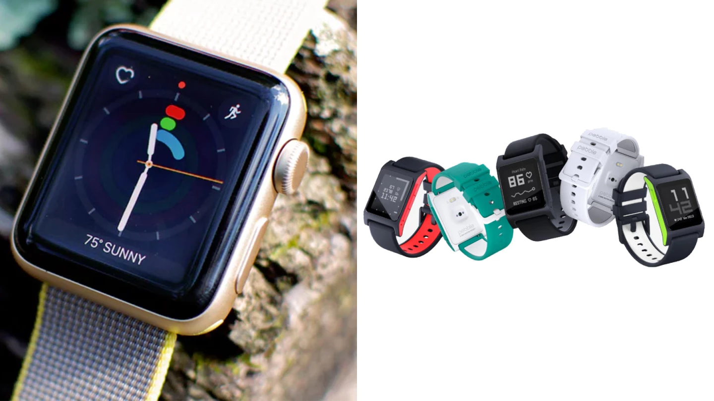 Apple Watch Series 2 (L) made incremental gains this year, but the smartwatch company Pebble (R) shut its doors
