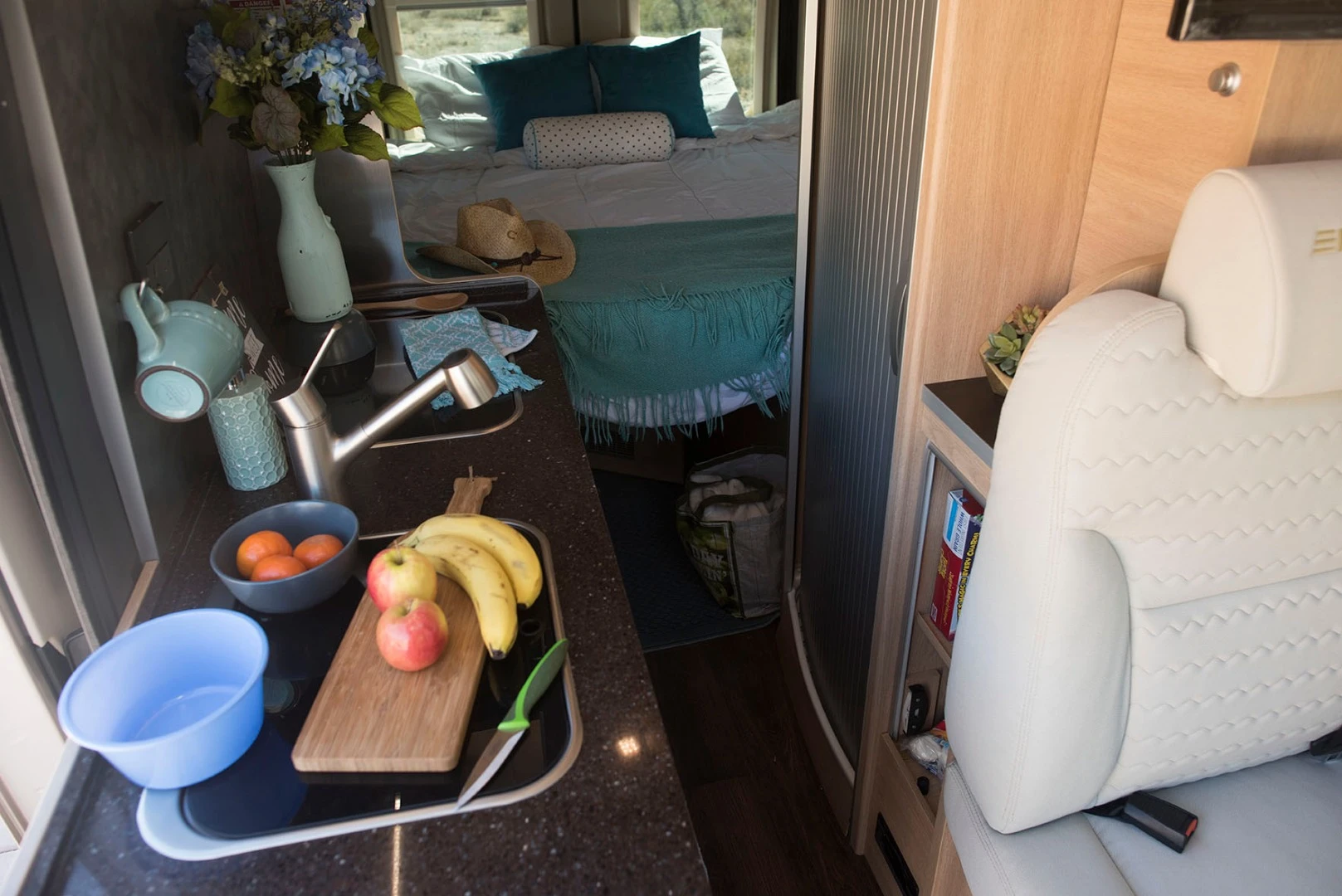 At the kitchen in the Hymer Aktiv 2.0 Loft camper van