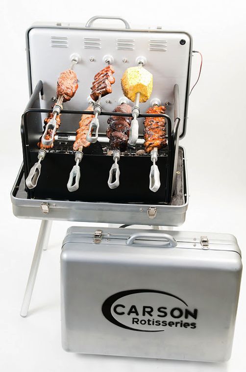 The Carson Portable Rotisserie Grill is a fully-functioning powered rotisserie, that packs away like a briefcase when not in use