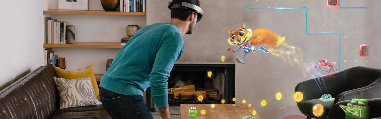 A (not very honest) Microsoft PR shot of a HoloLens simulation; its field of view is nothing like this fictional marketing