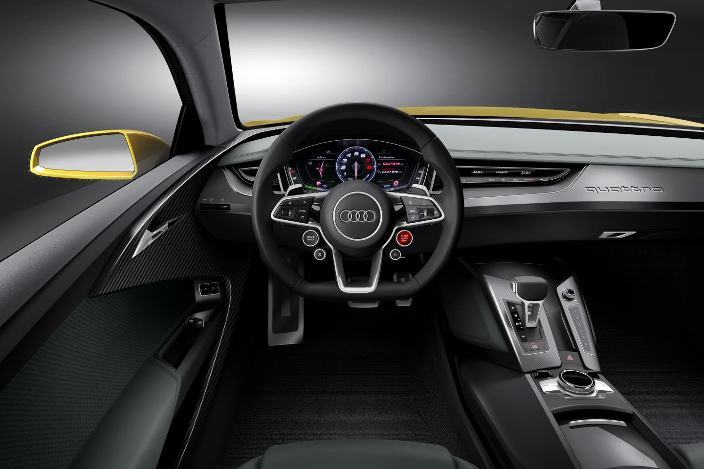The Audi Sport Quattro Concept interior focuses on lightness and is driver centered