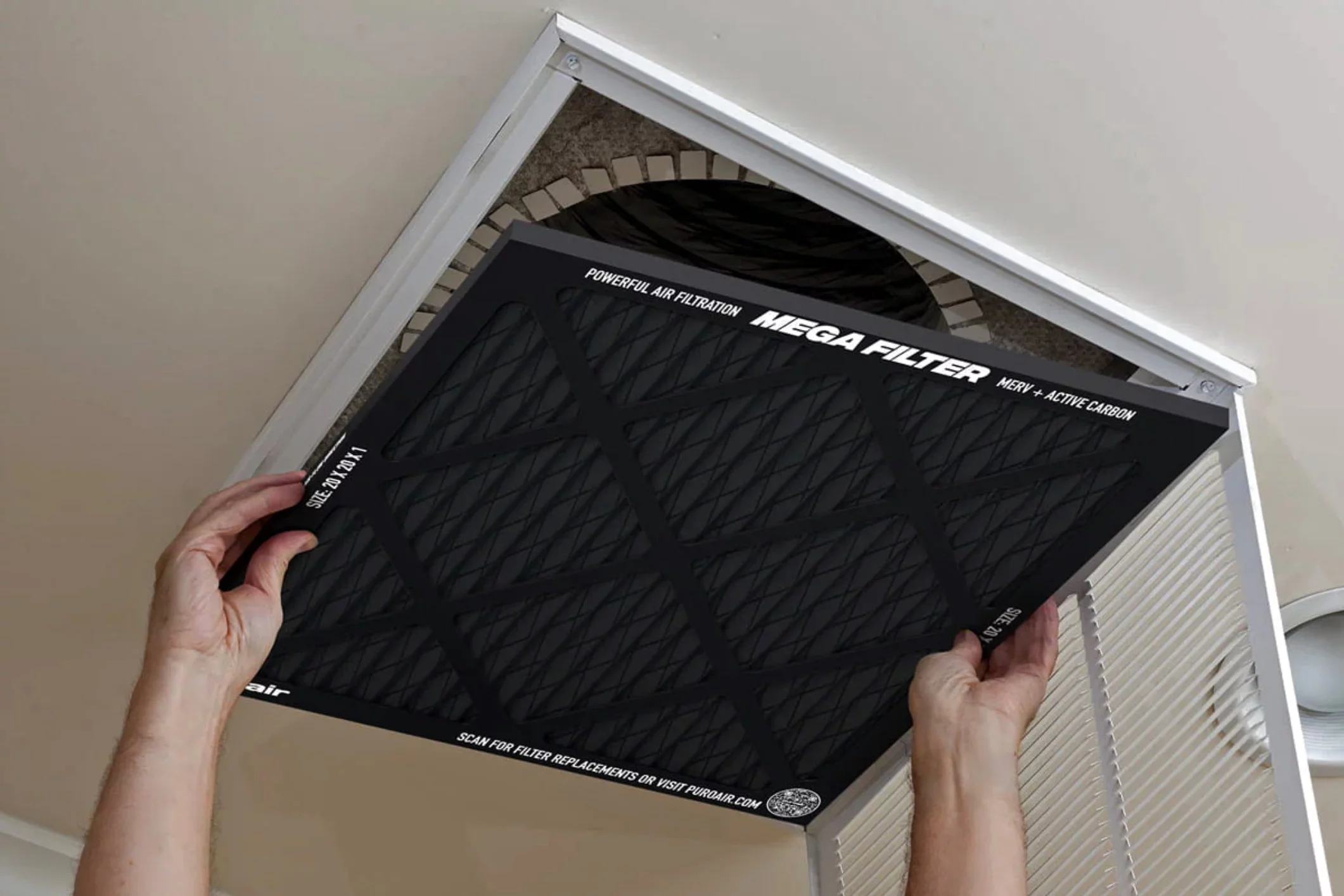 I don't have a fancy ceiling return – instead, mine is floor level, perfect for taking up wall space. Either way, happy to have central air where I live, and even happier testing out PuroAir's Mega Filter