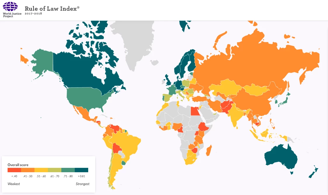 Transparency International also found a strong negative correlation between corruption levels and the freedom with which civic organisations are able to operate and influence public policy. The analysis incorporated data from the World Justice Project (above).