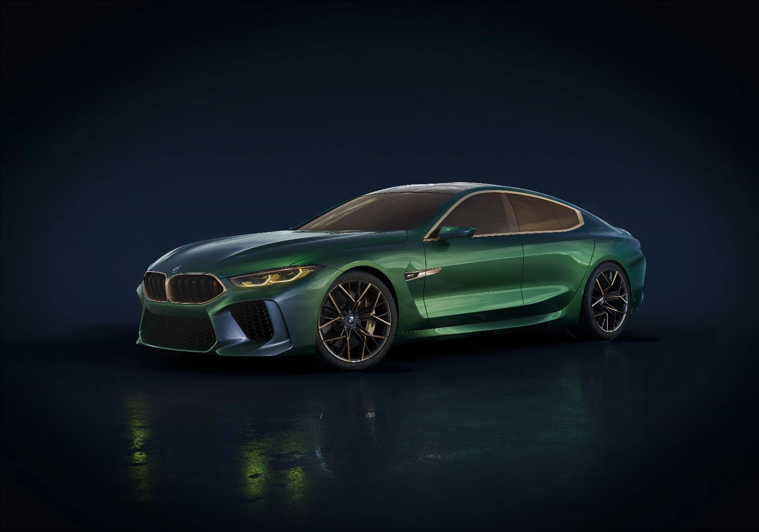 Here, the color of the car and its stylistic design can be seen clearly in a plain background image of the BMW M8 Gran Coupe concept
