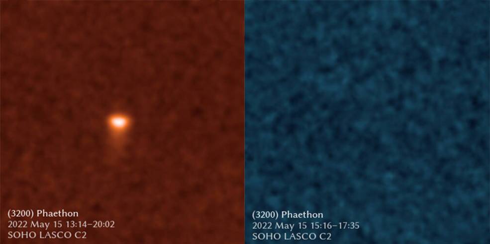 On the left, the sodium-sensitive orange filter shows the asteroid with a surrounding cloud and small tail, suggesting that sodium from the asteroid is glowing in response to sunlight. On the right, the dust-sensitive blue filter shows no sign of this substance in the Phaethon tail
