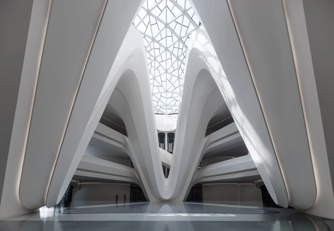 The Changsha Meixihu International Culture & Arts Centre's art museum measures 10,000 sq m (roughly 107,600 sq ft) and consists of eight galleries centered around a large skylit atrium