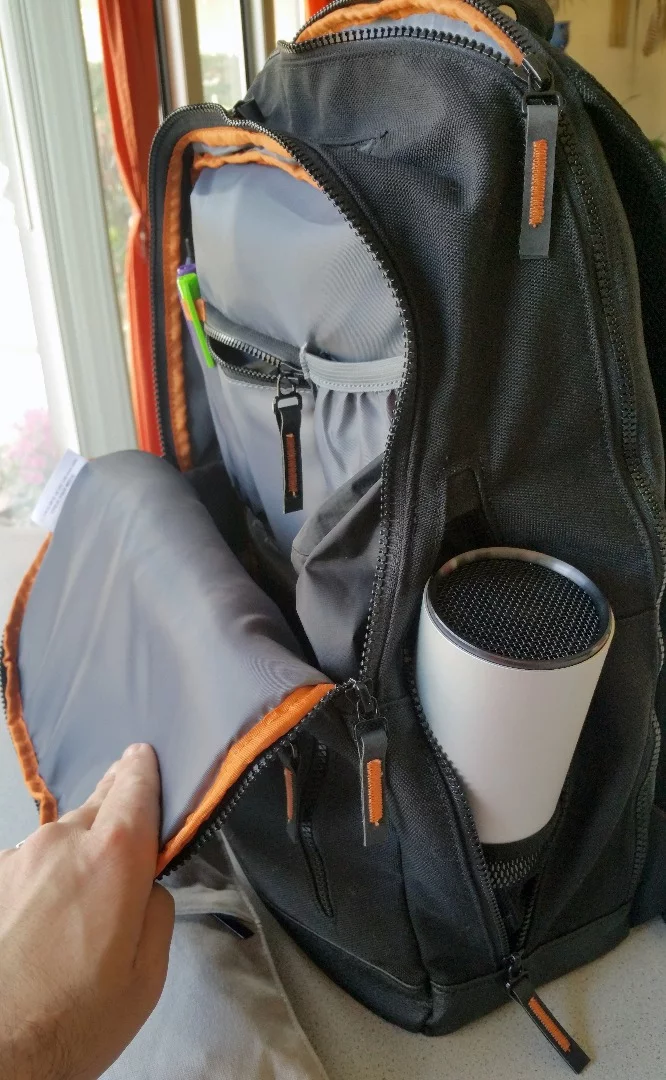 The MOS Pack's water bottle pocket compromises interior space and can overlap on a pocket