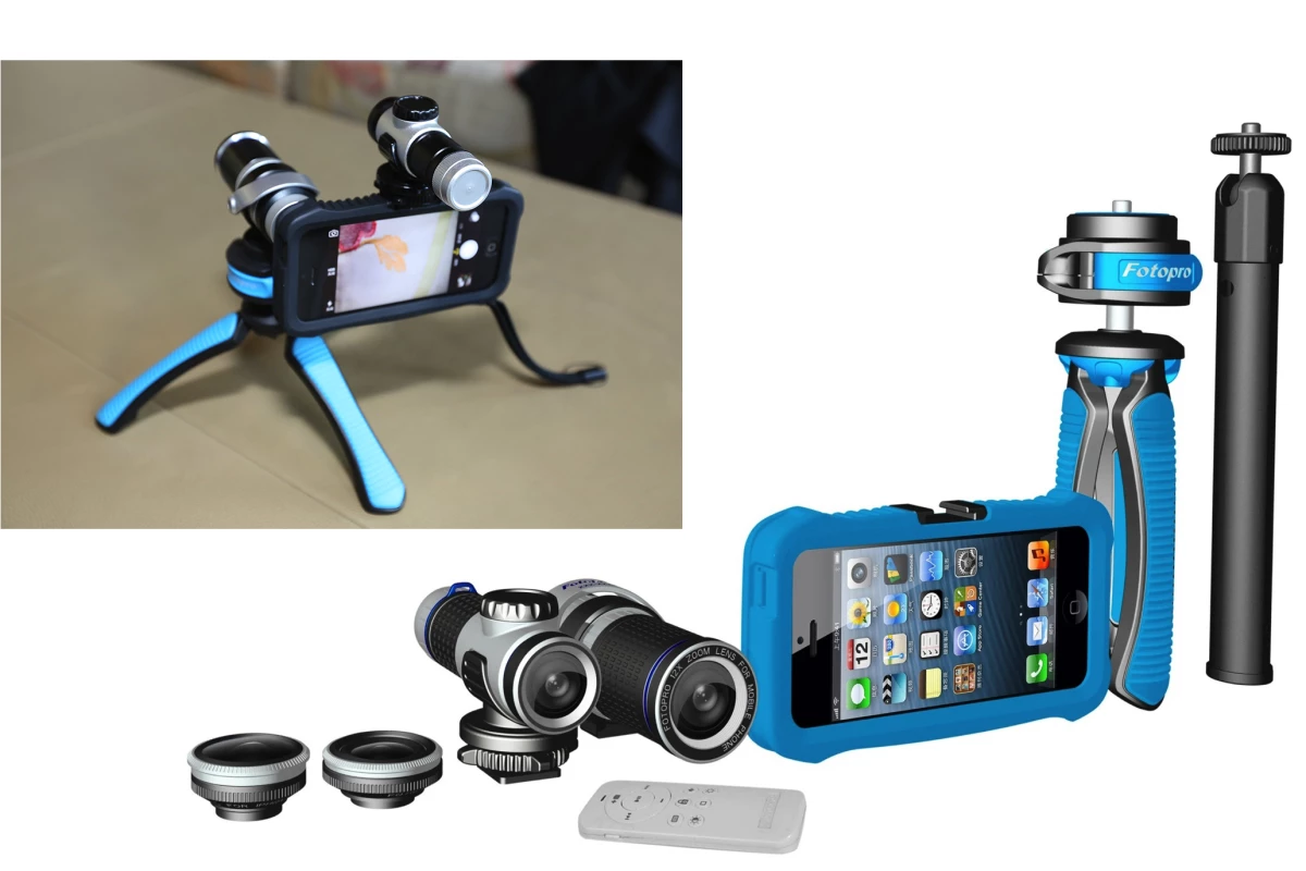 The FotoPro Master Kit comprised of a protective case for the iPhone 5 with tripod and flash mountings for the other accessories in the pack