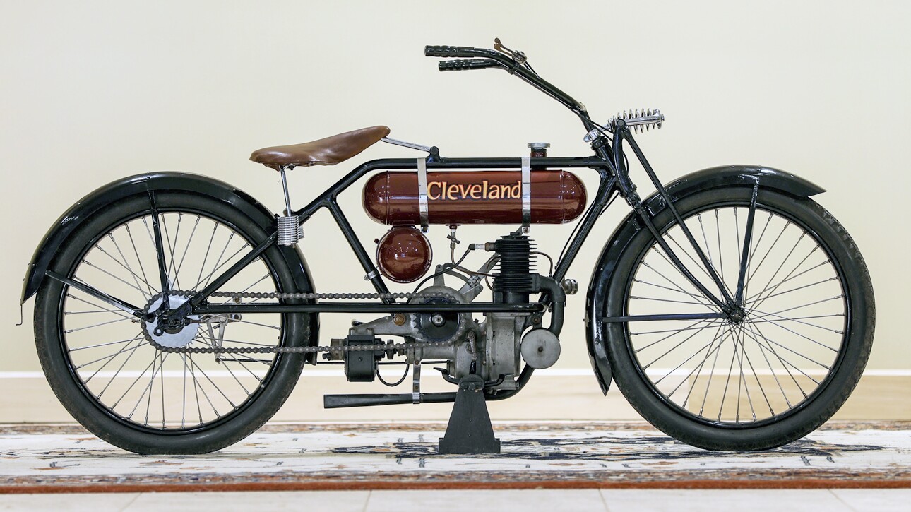 This 13.5ci (221cc) single-cylinder two-stroke Cleveland is not the model for which Cleveland is best remembered (it would later produced a powerful four-cylinder) but it is one very interesting and eccentric motorcycle. One of these bikes sold for $93,600 in 2007 at a Bonhams auction, becoming one of the most expensive motorcycles sold until that time and one of only a handful of two-strokes in the top 250 prices of all time. This one sold for just $13,200 against an estimate of $30,000 to $50,000. Official Auction Description