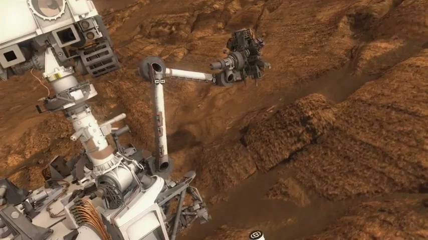 Artist's concept of Curiosity using hand to drill for samples (Image: NASA/JPL-Caltech)