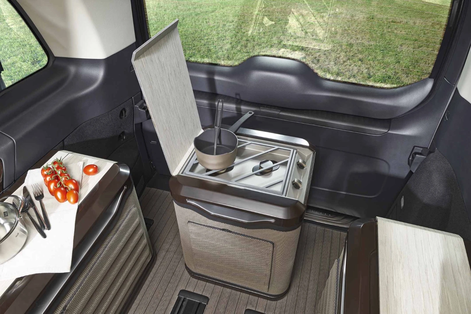 The double-burner cooking module is separate from other kitchen components, keeping things compact and flexible